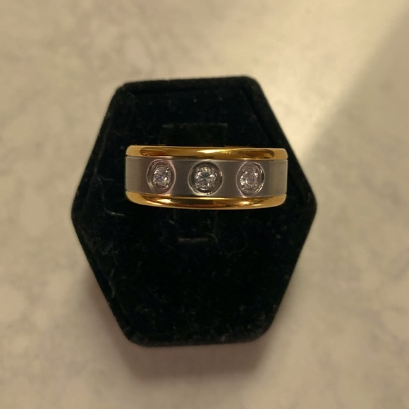 COPY - Titanium band 3 CZ stones GP edge & interior Size 8 Two tone Smooth fini… - Picture 1 of 7